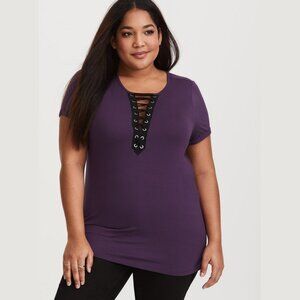 Torrid Purple Knit Jersey Deep V Lace-Up Tee